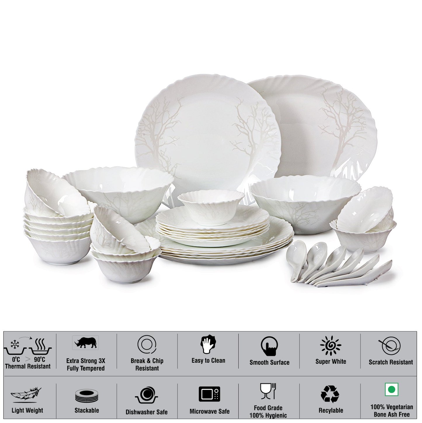 Cello Imperial Winter Frost Opalware Dinner Set, 11 inch Full Plate, 33 Units, White
