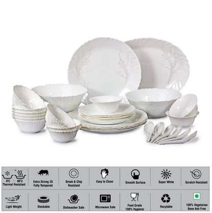 Cello Imperial Winter Frost Opalware Dinner Set, 11 inch Full Plate, 33 Units, White