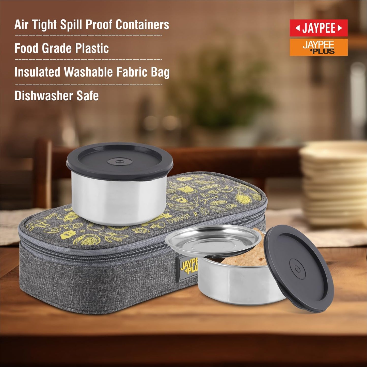 Jaypee Plus Magicseal Stainless Steel 2 Container Office Lunch Box 350 ml Each with Steel Dish & Insulated Washable Bag Spillproof Leakproof Lunch Box for Man & Women Airtight Tiffin Box,Grey