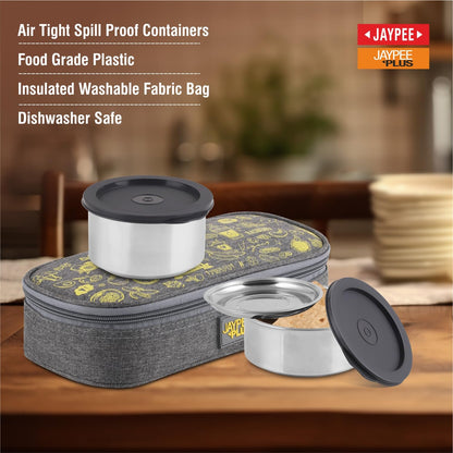 Jaypee Plus Magicseal Stainless Steel 2 Container Office Lunch Box 350 ml Each with Steel Dish & Insulated Washable Bag Spillproof Leakproof Lunch Box for Man & Women Airtight Tiffin Box,Grey