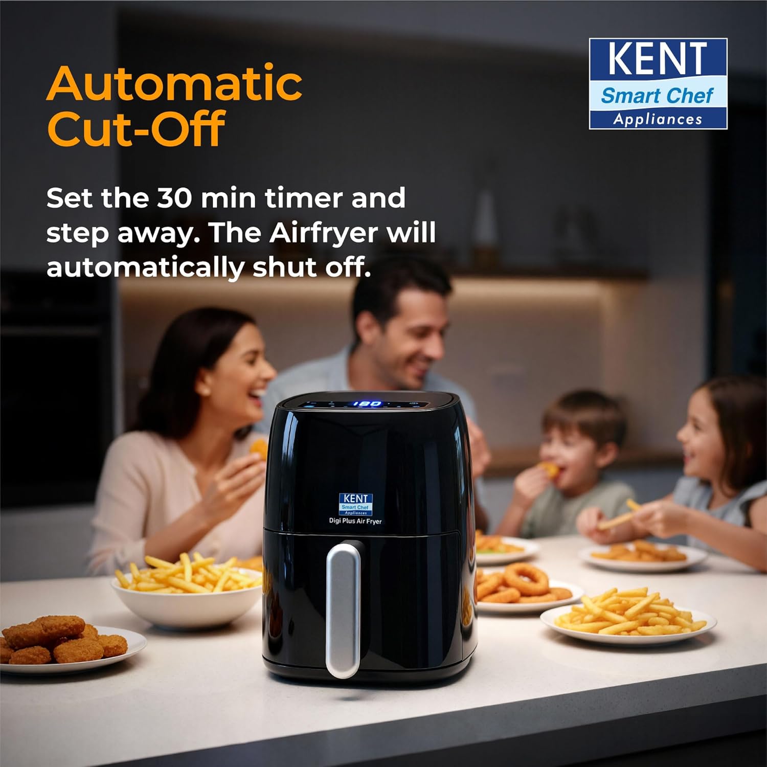 KENT Digi Plus Air Fryer | 4L Capacity & 1300W | Fry, Grill, Roast & Bake | Digital Display & Touch Control Panel | Rapid Heating | 80% Less Oil Usage | High Temperature & Uniform Heating | Black