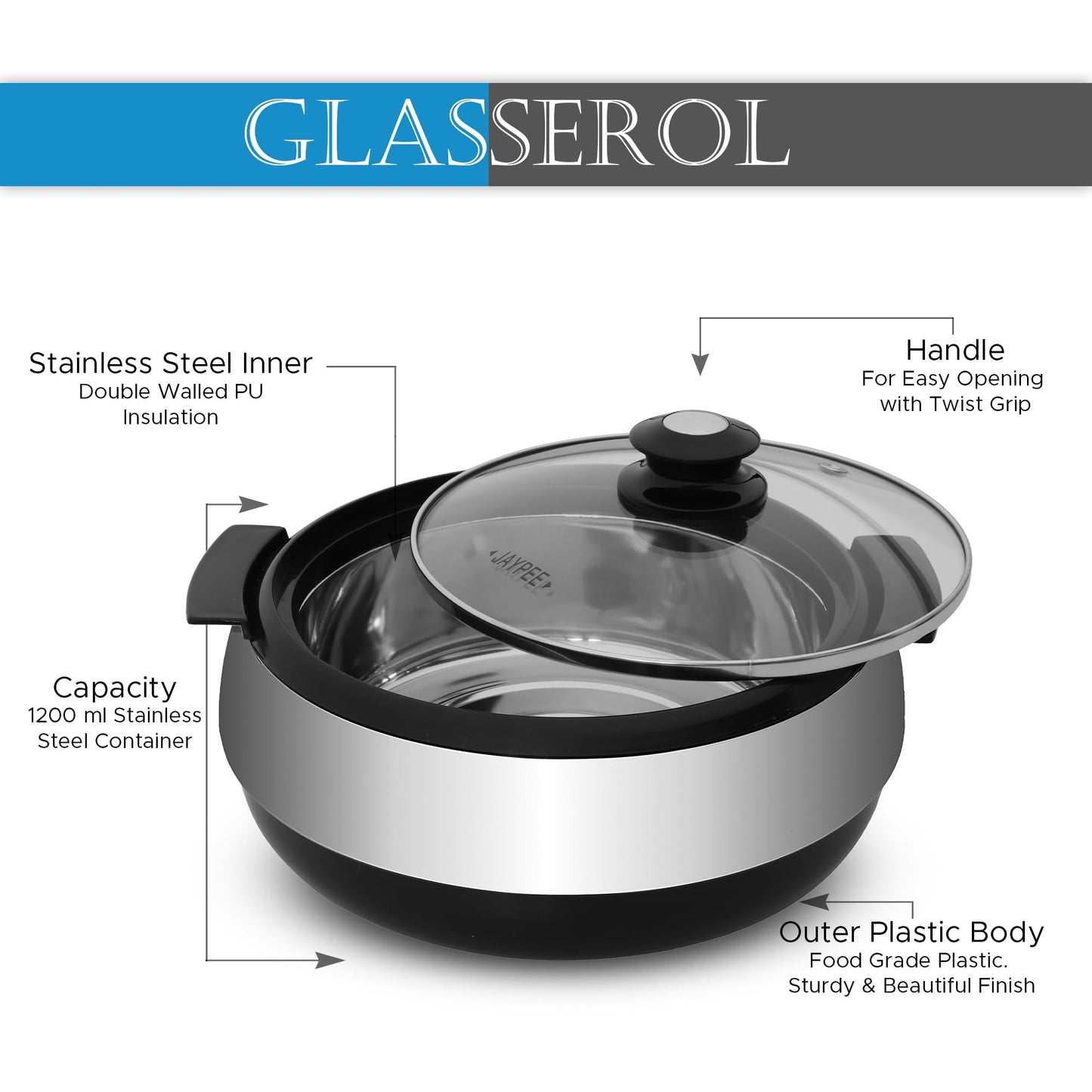 Jaypee Glasserol Serving Casserole Set of 3 Inner Stainless Steel Toughened Glass Lid PUF Insulated Hot Box | Roti Box | Easy to carry | Food Grade | Stackable | 800,1200,1700 ml, Black