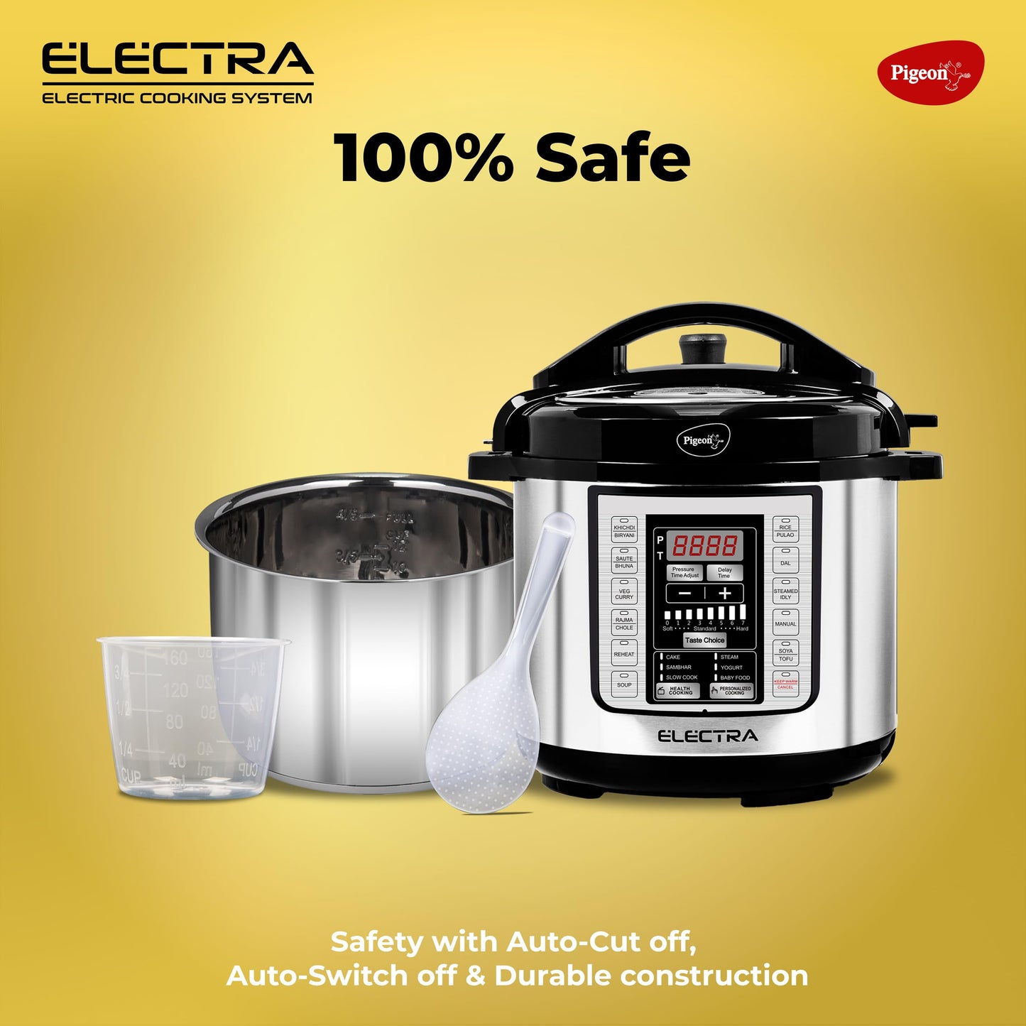 Pigeon By Stovekraft Electra Smart 6 Litre Electric Pressure Cooker with Digital Display | 18 Indian Preset Menu | Automatic Rice Cooker | Delay Timer & More (Stainless Steel)