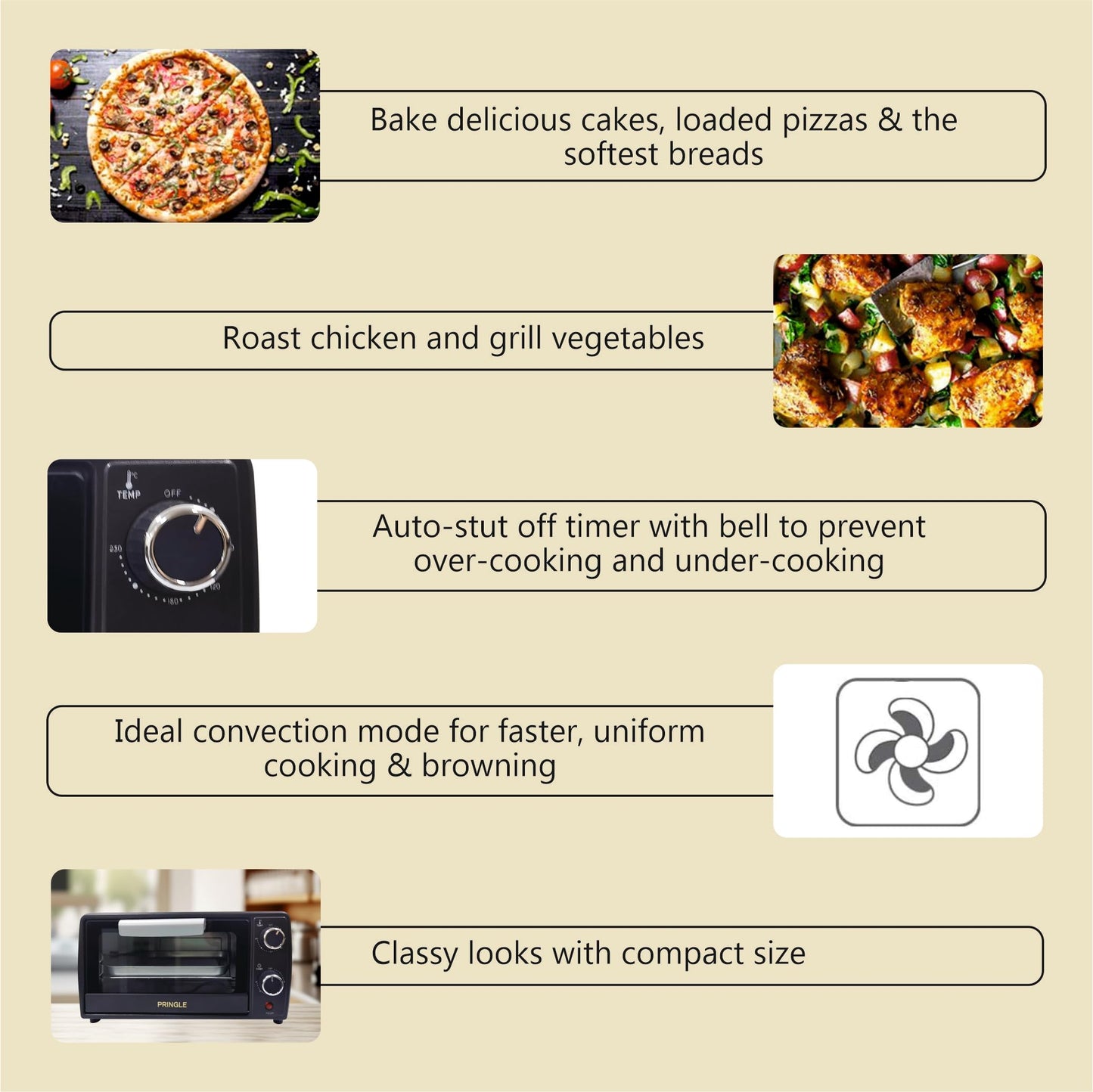 Pringle OTG12 DLX 10L Oven Toaster Griller 1000W | Baking, Toasting & Grilling Functions | Adjustable Temperature Control | Compact OTG Oven for Cakes, Snacks & More | Black