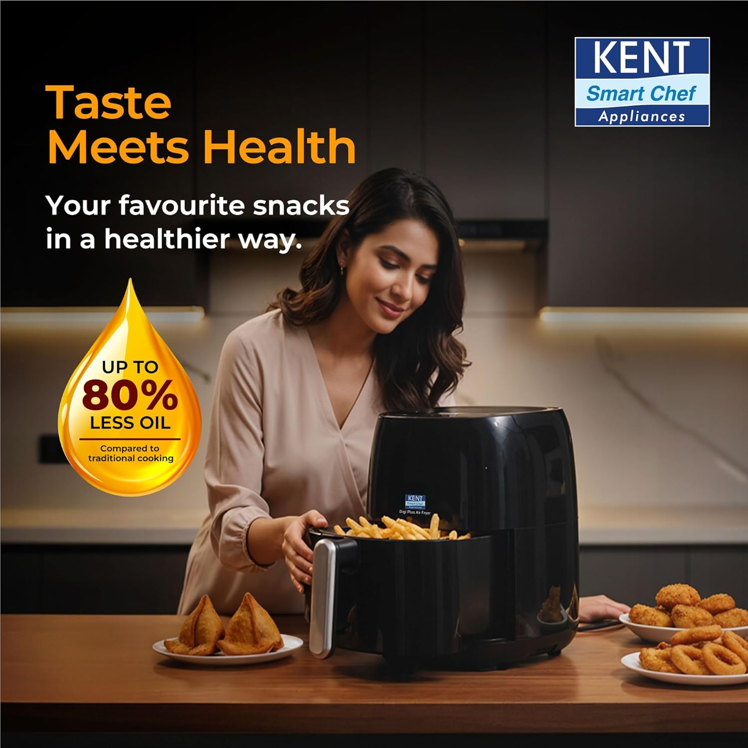 KENT Digi Plus Air Fryer | 4L Capacity & 1300W | Fry, Grill, Roast & Bake | Digital Display & Touch Control Panel | Rapid Heating | 80% Less Oil Usage | High Temperature & Uniform Heating | Black