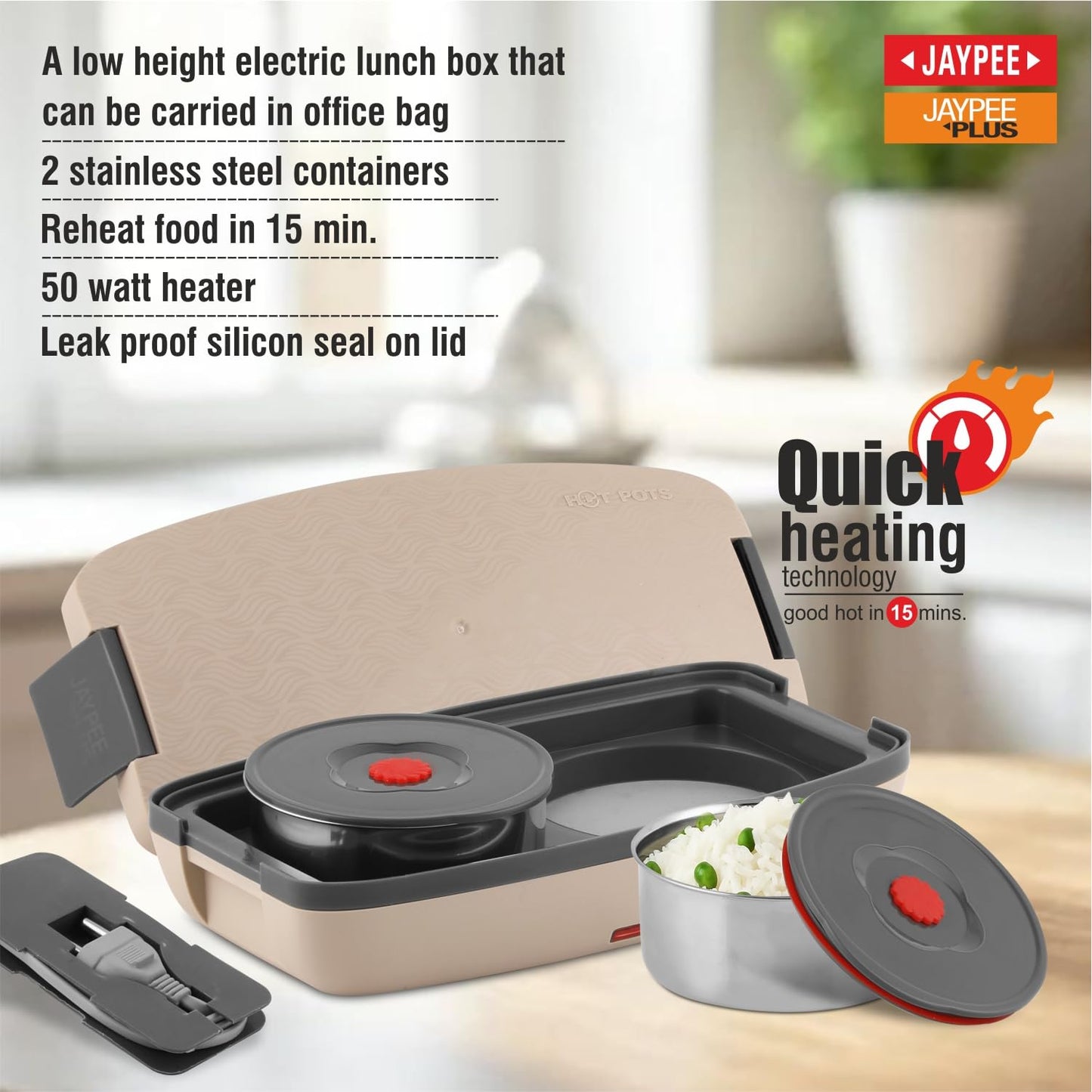 Jaypee Plus Hotpot Electric Lunch Box with 2 Removable Stainless Steel Containers 250 ml x2 with Power Cord |Air Vent on Lid |Leakproof Silicon Seal|LED Indicator |Shockproof | Beige