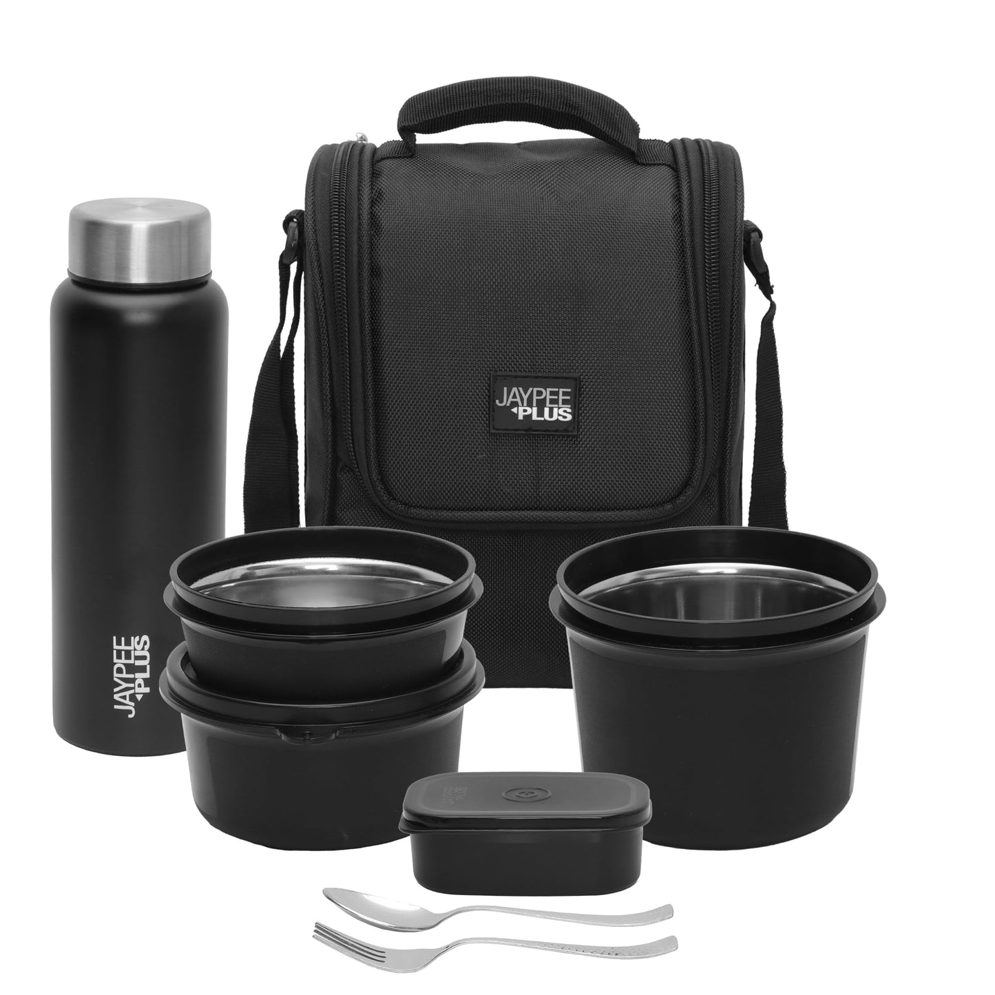 Jaypee Plus Meal Plus 1390 ml Stainless Steel Office Lunch Box | BPA Free, Microwave Safe & Spillproof Airtight 4 Containers | Includes Bottle, Spoon, Fork & Bag | Ideal for College & School (Black)