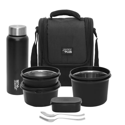 Jaypee Plus Meal Plus 1390 ml Stainless Steel Office Lunch Box | BPA Free, Microwave Safe & Spillproof Airtight 4 Containers | Includes Bottle, Spoon, Fork & Bag | Ideal for College & School (Black)