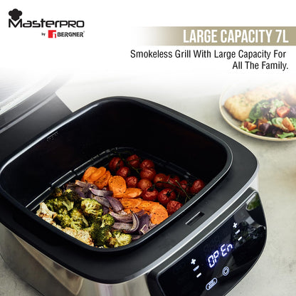 BERGNER Masterpro Indoor Electric Smokeless Grill,7 liter,1800 Watt,Digital Led Display And Multi Touch Panel,5 In 1 Function Grill,Bake,Roast,Dehydrate,Air Fry With Cyclonic Air Technology,Silver