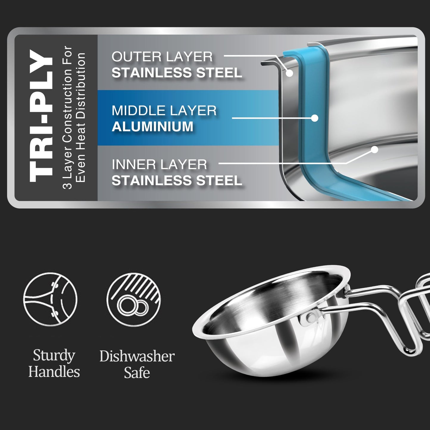 MILTON Pro cook Induction Cookware & Gas Stove Friendly Triply Stainless Steel Tadka Pan 12 cm | 370 ml Capacity | Frying Dal & Spices | Long Handle | Smooth Finish | 3 Year Warranty