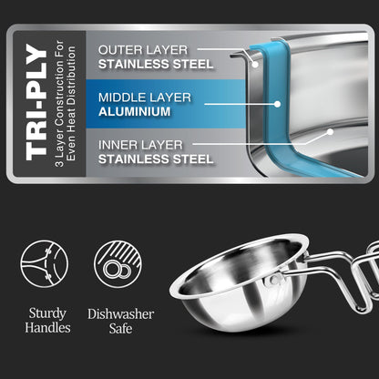 MILTON Pro cook Induction Cookware & Gas Stove Friendly Triply Stainless Steel Tadka Pan 12 cm | 370 ml Capacity | Frying Dal & Spices | Long Handle | Smooth Finish | 3 Year Warranty
