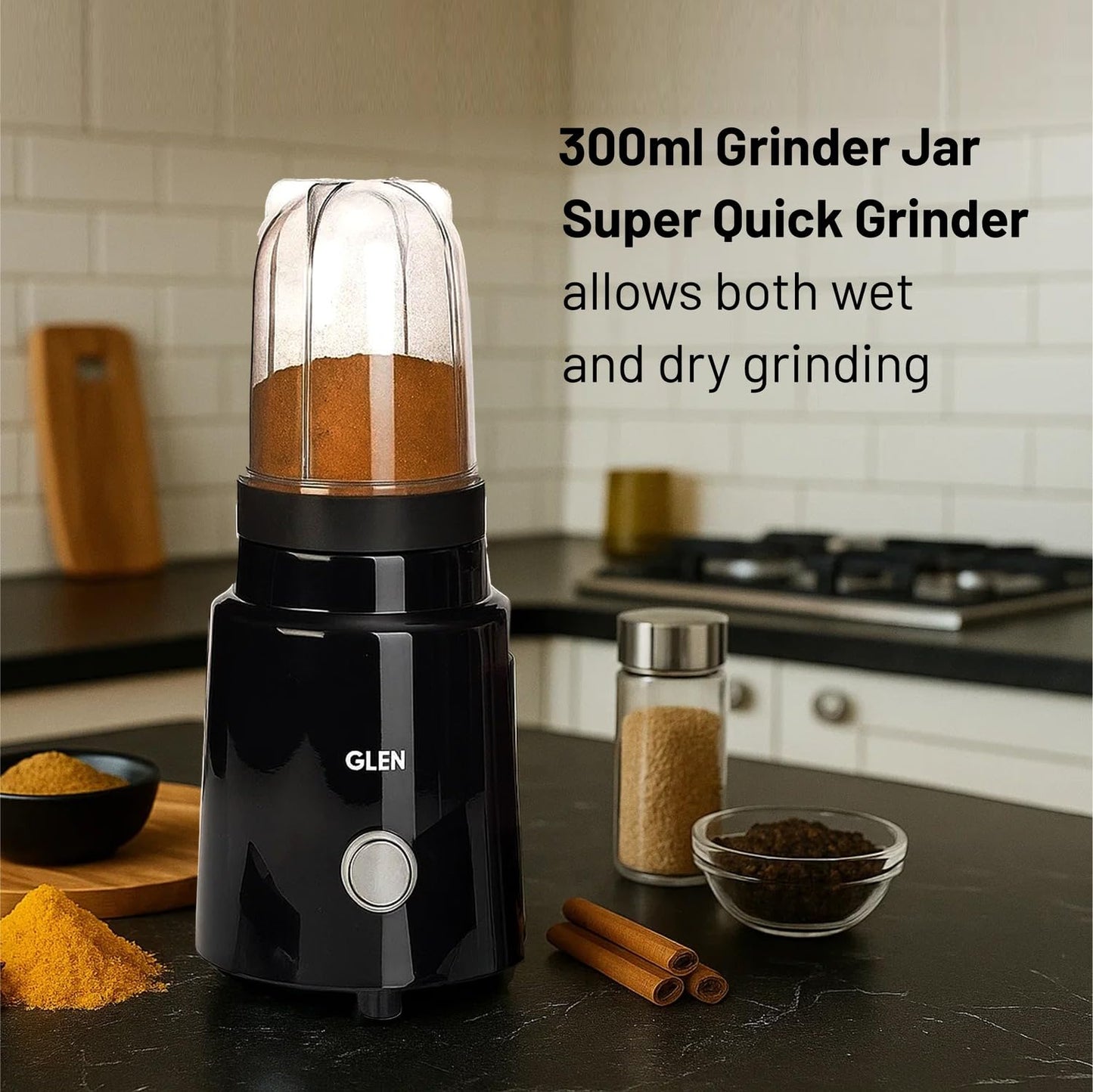 Glen Active Electric Blender Mixer Grinder for kitchen, 350W, 2 Unbreakable Jars (300ml & 500ml), 2 Stainless Steel Blades, 20000 RPM, for Smoothie Shake Juice - Black (SA4048N)