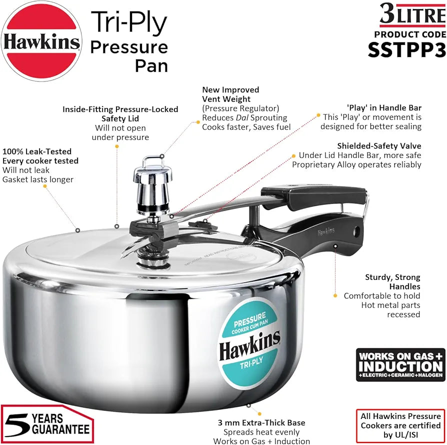 Hawkins 3 Litre Tri-Ply Pressure Cooker cum Pan, Triply Stainless Steel Inner Lid Cooker, Pan, Silver 