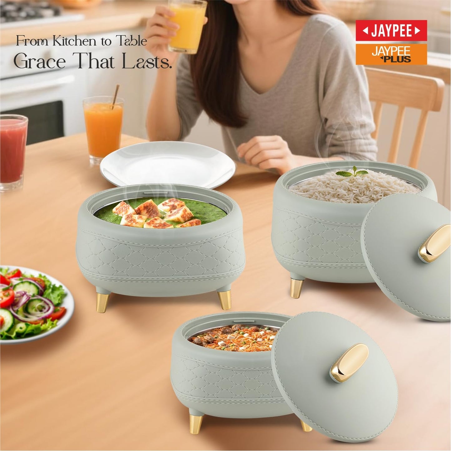 JAYPEE Kingston Stitched Leather Luxurious Outer & Inner Stainless Steel Casserole Set of 3 with Lid (1500+2000+2500) ml PUF Insulated Hot Box for Kitchen Roti Box Hot Pot Serving Casserole,White