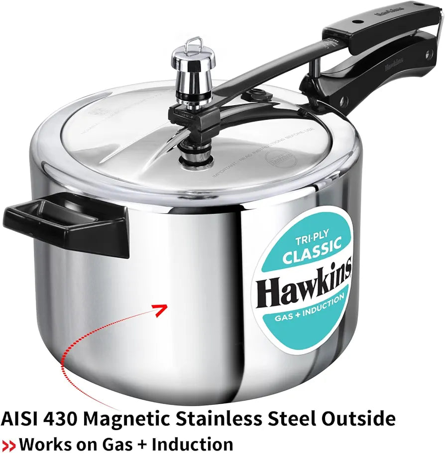 Hawkins Classic 5 Litre Tri-Ply Pressure Cooker, Triply Stainless Steel Inner Lid Cooker, Silver 