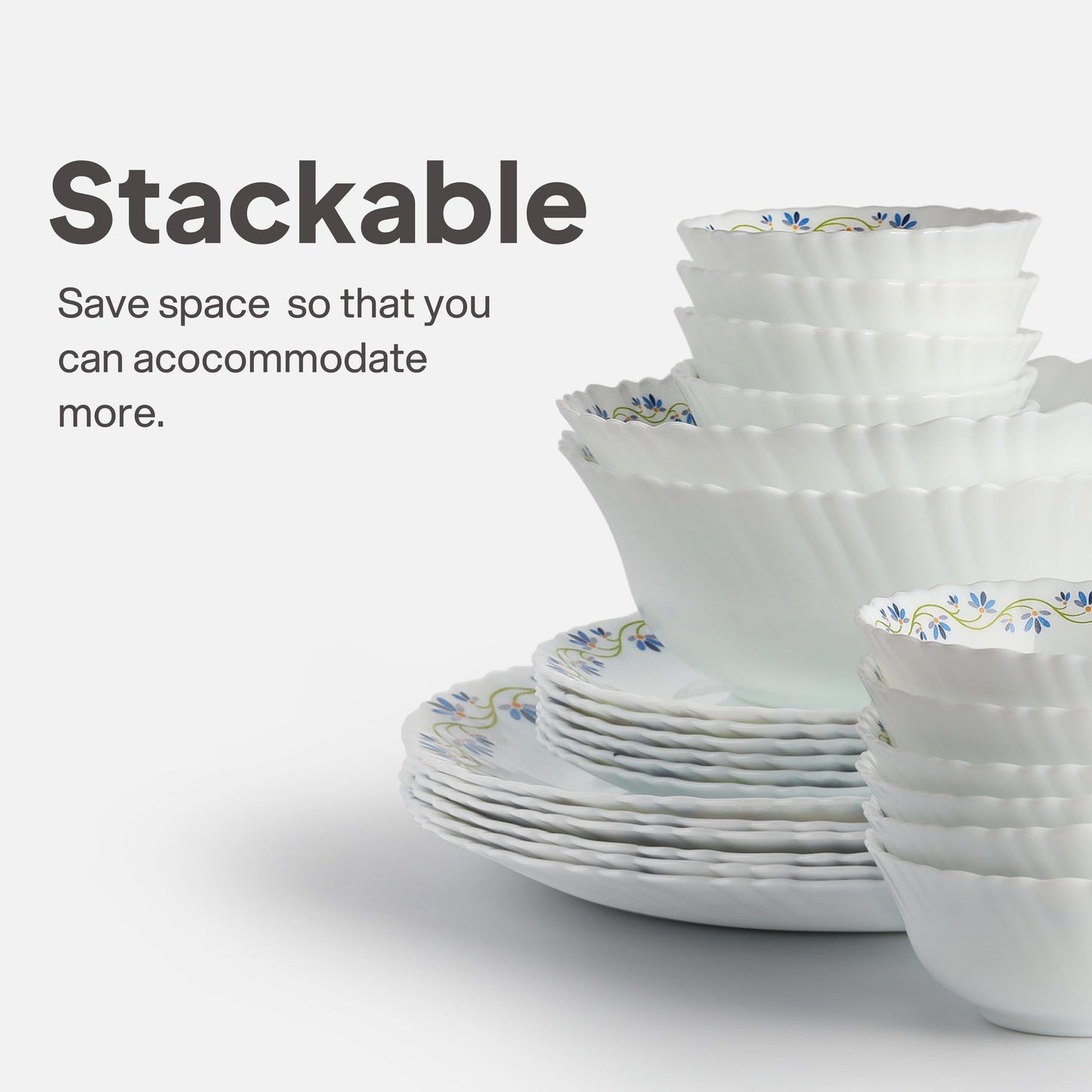 Cello Opalware Dazzle Series Morning Glory Dinner Set, 35 Units | Opal Glass Crockery for 6 | Microwave & Dishwasher Safe | Light-Weight & Thermal Resistant | Crockery Set for Dining & Gifting