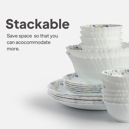 Cello Opalware Dazzle Series Morning Glory Dinner Set, 35 Units | Opal Glass Crockery for 6 | Microwave & Dishwasher Safe | Light-Weight & Thermal Resistant | Crockery Set for Dining & Gifting