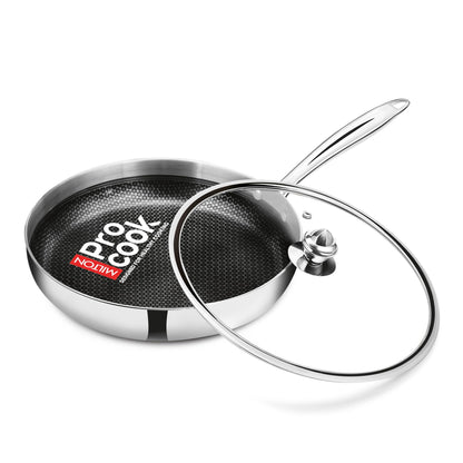 Milton Pro Cook Induction Cookware & Gas Stove Friendly Triply Hexa Tech Stainless Steel Frying Pan with Glass Lid 22cm, 1.3L | Honeycomb Non-Stick Fry Pan | Metal Spoon Friendly | 3Y Warranty |Silver
