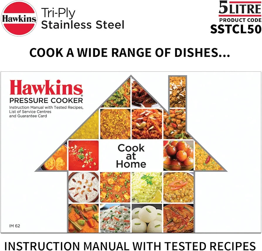 Hawkins Classic 5 Litre Tri-Ply Pressure Cooker, Triply Stainless Steel Inner Lid Cooker, Silver 