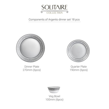 CELLO Argento Solitaire Series Opalware Dinner Set of 18 Pieces for Family of 6 | Bone-Ash Free & Leadfree Opal Glass Microwave & Dishwasher Safe, Crockery Plates & Bowls Set for Daily Use & Gifting
