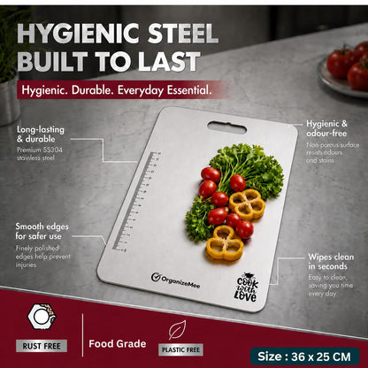 OrganizeMee Stainless Steel Chopping Board Large for Kitchen - Premium Cutting Board Vegetable and Fruit Cutter Chopper, Heavy-Duty Metal Chopping Board, Big Size Pad (36 cm X 25 cm)