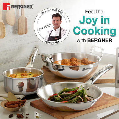Bergner TriPro 3 Pcs Tri-Ply Stainless Steel Induction Bottom Cookware Set - 22cm (2L) Kadai and 22cm (1L) Frypan, 14cm (1.1L) Teapan, Less Oil Use, Easy to Clean - Induction and Gas Stove Ready