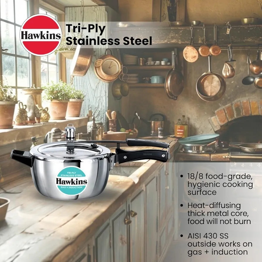 Hawkins 3.5 Litre Triply Stainless Steel Pressure Cooker, Inner Lid Cooker, Silver 