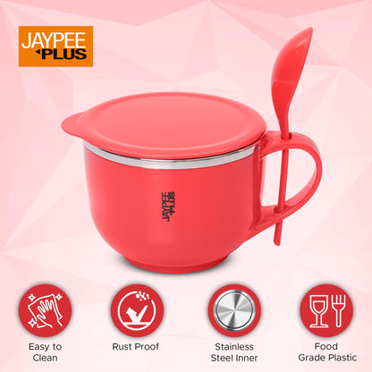 Jaypee Plus Stainless Steel Soup Bowl with Lid & Spoon Holder Souptok, Maggi Bowl Noodles Pasta Bowl, Mug for Milk, Best Diwali Gift, Mug for Kids, Girls, Boys, Birthday, Ivory 700 ml