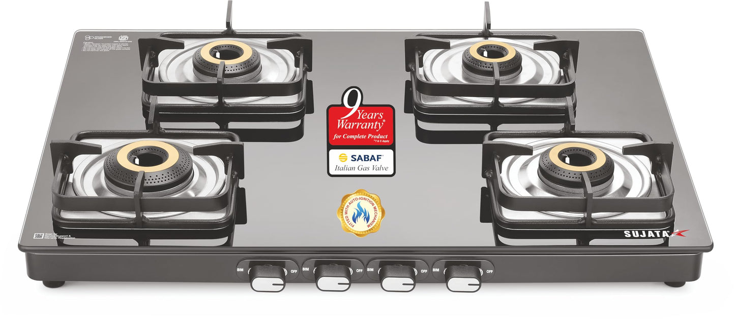 Sujata Gas Stove 3 Burner | Classic Gas Stove Manual Ignition | 9 Years Warranty | 3 Burner Gas Stove Glass Top | SABAF | ISI Certified | LPG & PNG Compatible With Jumbo Brass Burner (Black)