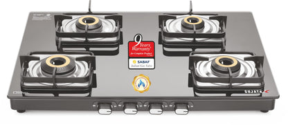 Sujata Gas Stove 3 Burner | Classic Gas Stove Manual Ignition | 9 Years Warranty | 3 Burner Gas Stove Glass Top | SABAF | ISI Certified | LPG & PNG Compatible With Jumbo Brass Burner (Black)