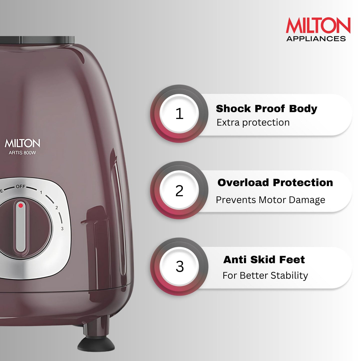 Milton Artis Mixer Grinder, ISI Certified, Grindstone Blade Technology, 3 Jar, 800 W (21000 RPM), 5 yr motor warranty, 2 yr product warranty I Wine