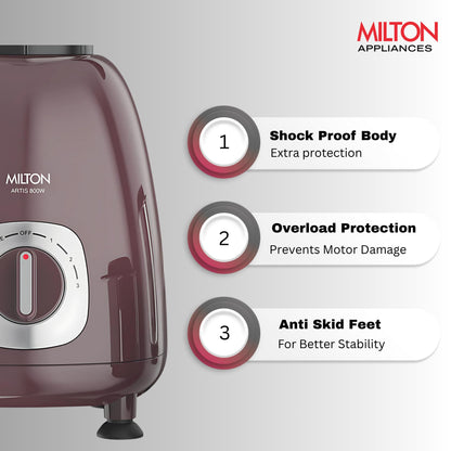 Milton Artis Mixer Grinder, ISI Certified, Grindstone Blade Technology, 3 Jar, 800 W (21000 RPM), 5 yr motor warranty, 2 yr product warranty I Wine