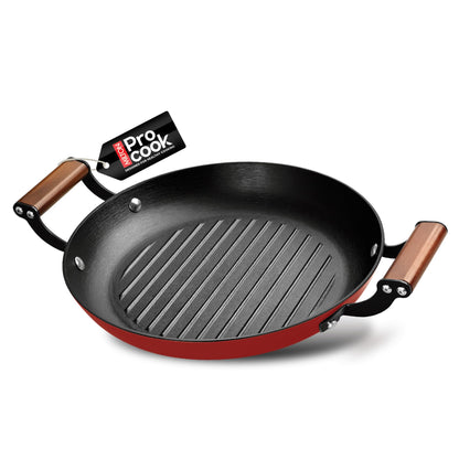 MILTON Pro cook Induction Cookware & Gas Stove Friendly Enameled Coating Grill Cooking Pan 28 cm | Rust Proof | No Seasoning Needed | Red