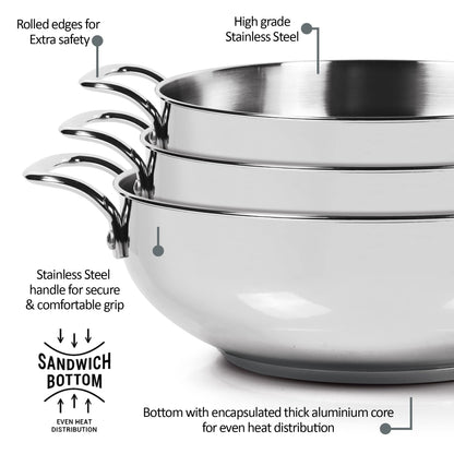 Milton Pro Cook Stainless Steel Kadhai with Glass Lid, 28 cm / 4.2 litres, Sandwich Bottom Cookware, Induction and Gas Stove Friendly Kadai for Cooking, Deep Frying, Stir-Fry, Silver