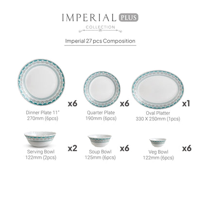 CELLO Celeste Imperial Plus Series Opalware Dinner Set of 27 Piece For Family of 6 | Bone-Ash Free & Leadfree Opal Glass Microwave & Dishwasher Safe Crockery Plates & Bowls Set For Daily Use & Gifting