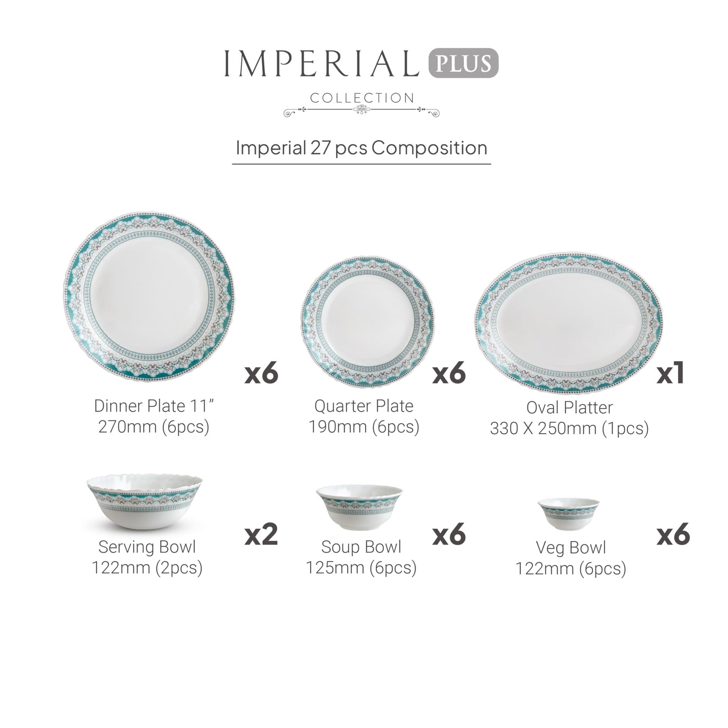 CELLO Celeste Imperial Plus Series Opalware Dinner Set of 27 Piece For Family of 6 | Bone-Ash Free & Leadfree Opal Glass Microwave & Dishwasher Safe Crockery Plates & Bowls Set For Daily Use & Gifting