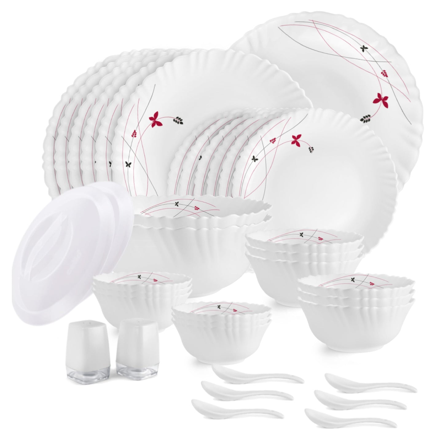 CELLO Lush Fiesta Dazzle Series Opalware Dinner Set of 37 Pieces for Family of 6 | Bone-Ash Free & Leadfree Opal Glass, Microwave & Dishwasher Safe, Plates & Bowls Crockery Set for Dining & Gifting