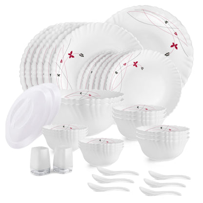 CELLO Lush Fiesta Dazzle Series Opalware Dinner Set of 37 Pieces for Family of 6 | Bone-Ash Free & Leadfree Opal Glass, Microwave & Dishwasher Safe, Plates & Bowls Crockery Set for Dining & Gifting