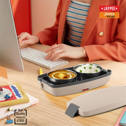 Jaypee Plus Hotpot Electric Lunch Box with 2 Removable Stainless Steel Containers 250 ml x2 with Power Cord |Air Vent on Lid |Leakproof Silicon Seal|LED Indicator |Shockproof | Beige