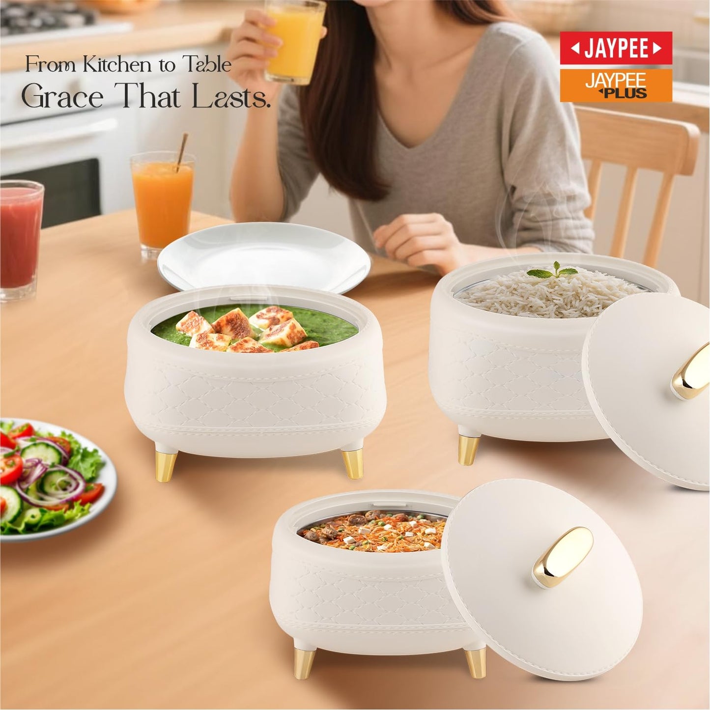 JAYPEE Kingston Stitched Leather Luxurious Outer & Inner Stainless Steel Casserole Set of 3 with Lid (1500+2000+2500) ml PUF Insulated Hot Box for Kitchen Roti Box Hot Pot Serving Casserole,White