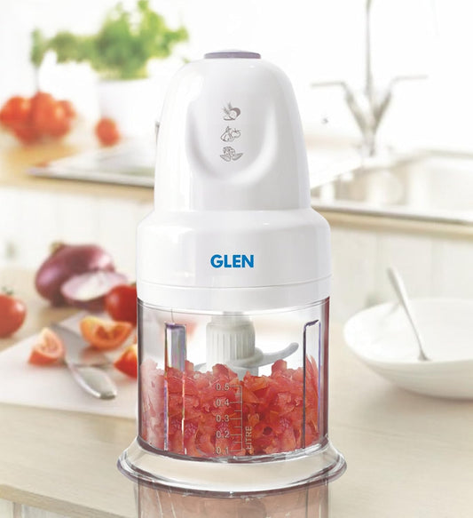 Glen Electric Chopper 200W Including 2 Stainless Steel Blade, 1 Jar with Whisking Disc 500ml Bowl (4043 Turbo, White)