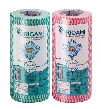 Origami Non Woven Reusable & Washable Kitchen Towel Roll | Ultra Absorbent, Antimicrobial & Anti Odour Wipes for Spotless Cleaning | Quick Dry Multi Purpose Tissues (80 Wipes Per Roll, 160 Sheets)