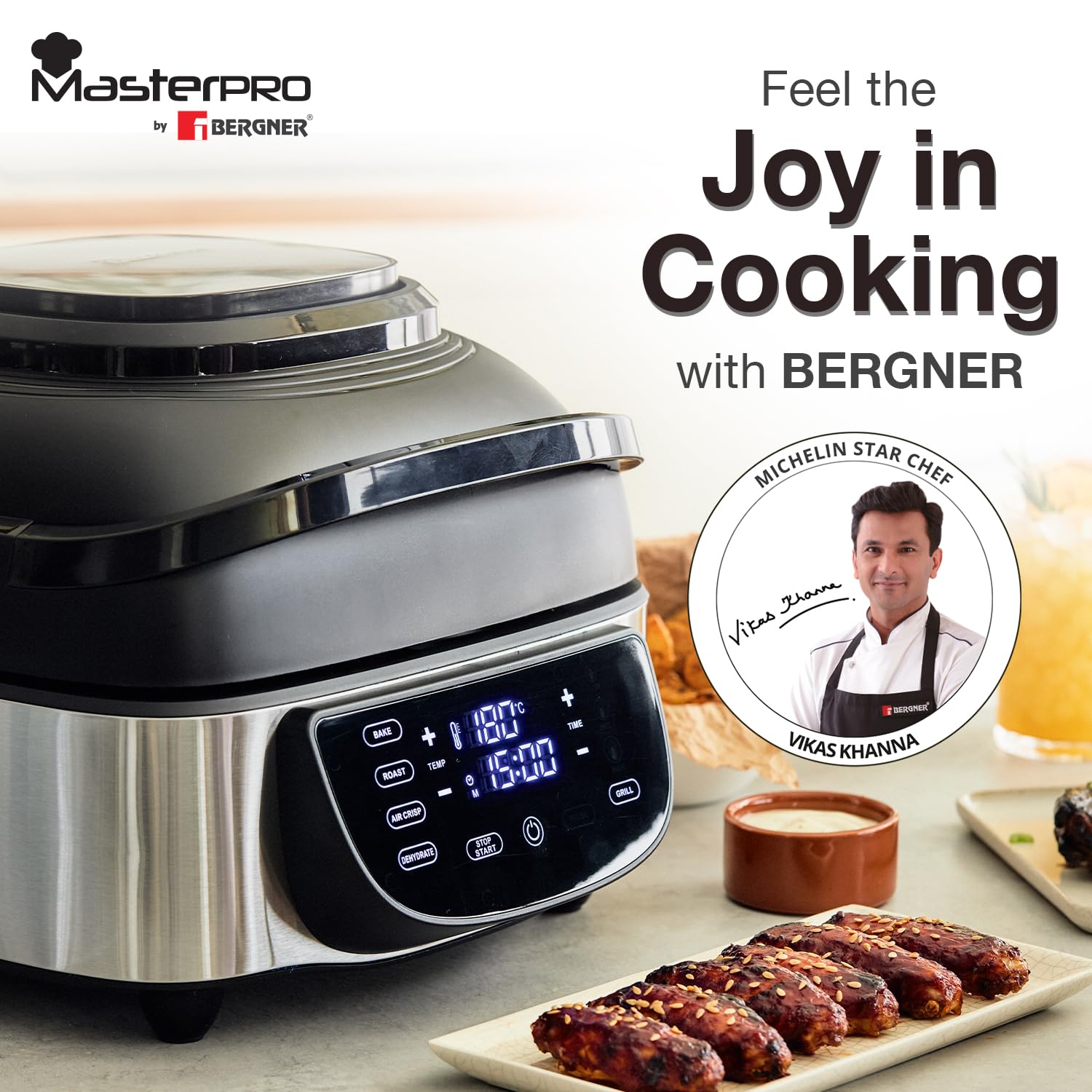 BERGNER Masterpro Indoor Electric Smokeless Grill,7 liter,1800 Watt,Digital Led Display And Multi Touch Panel,5 In 1 Function Grill,Bake,Roast,Dehydrate,Air Fry With Cyclonic Air Technology,Silver