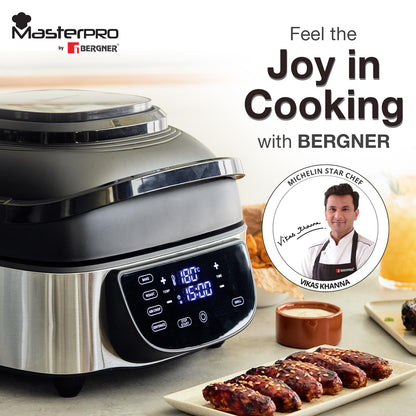 BERGNER Masterpro Indoor Electric Smokeless Grill,7 liter,1800 Watt,Digital Led Display And Multi Touch Panel,5 In 1 Function Grill,Bake,Roast,Dehydrate,Air Fry With Cyclonic Air Technology,Silver