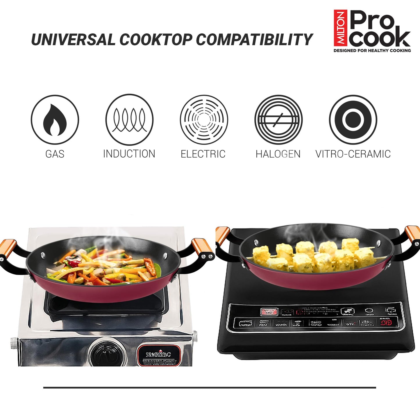 MILTON Pro cook Induction Cookware & Gas Stove Friendly Enameled Coating Grill Cooking Pan 28 cm | Rust Proof | No Seasoning Needed | Red