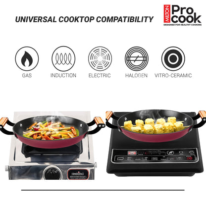MILTON Pro cook Induction Cookware & Gas Stove Friendly Enameled Coating Grill Cooking Pan 28 cm | Rust Proof | No Seasoning Needed | Red