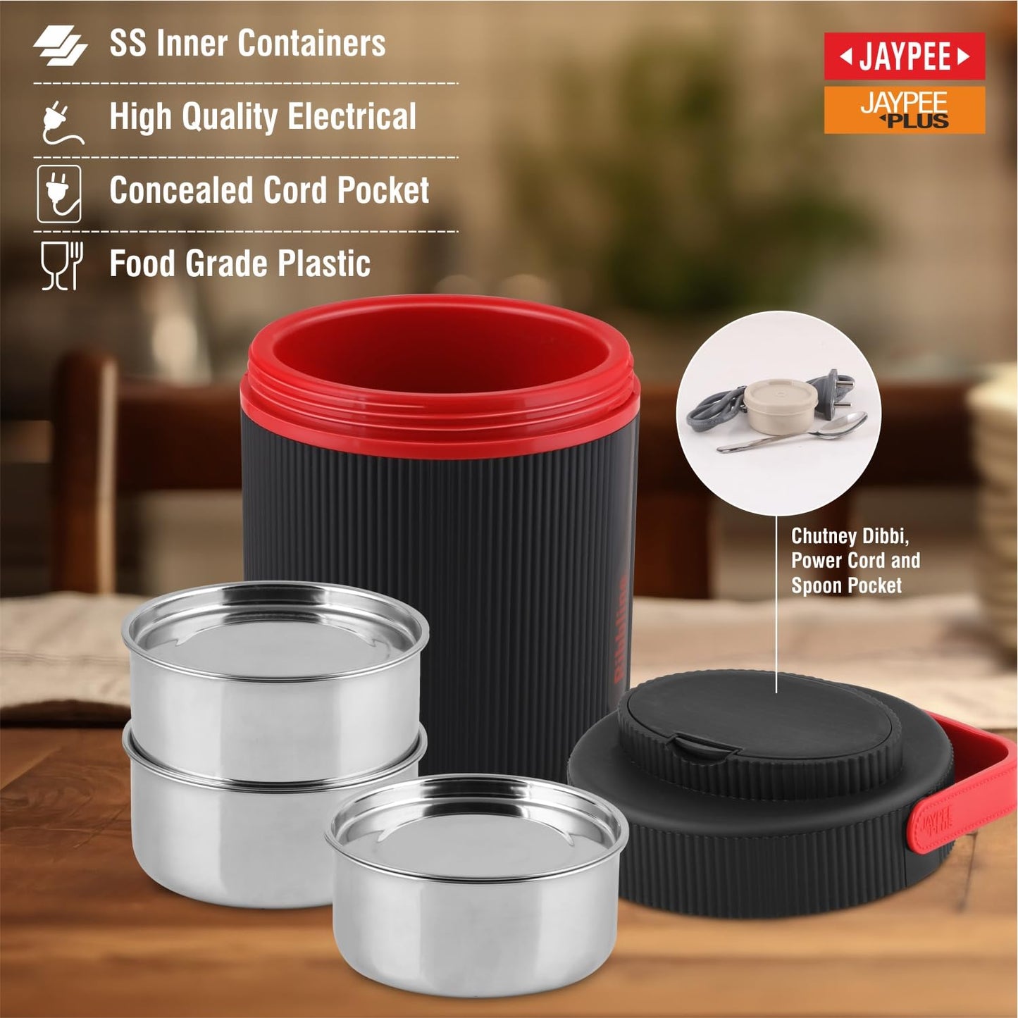 Jaypee Plus Ribbline Electric Lunch Box with 3 Stainless Steel Container (500 ml x3) Office Lunch Box for Men & Women with Spoon, 1 Small Box Leakproof Tiffin Box for Reheating Food,Black