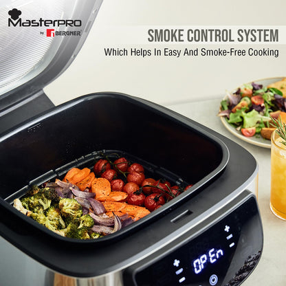 BERGNER Masterpro Indoor Electric Smokeless Grill,7 liter,1800 Watt,Digital Led Display And Multi Touch Panel,5 In 1 Function Grill,Bake,Roast,Dehydrate,Air Fry With Cyclonic Air Technology,Silver