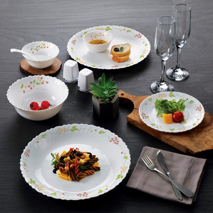 Cello Opalware Dazzle Series Secret Garden Dinner Set 35 Pieces Serving for 6 | Bone Ash-Free | Lightweight, Elegant White Plates & Bowls Set | Opal Glass Crockery Set for Daily Use Dinning & Gifting