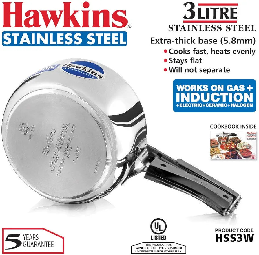 Hawkins 3 Litre Inner Lid Pressure Cooker, Stainless Steel Cooker, Induction Cooker, Silver 